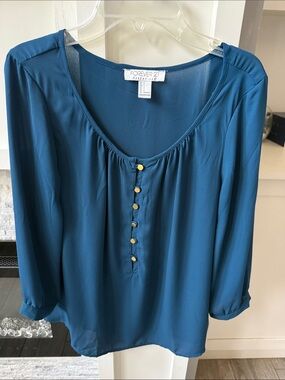 Forever 21 Teal Long-Sleeve Henley Blouse
